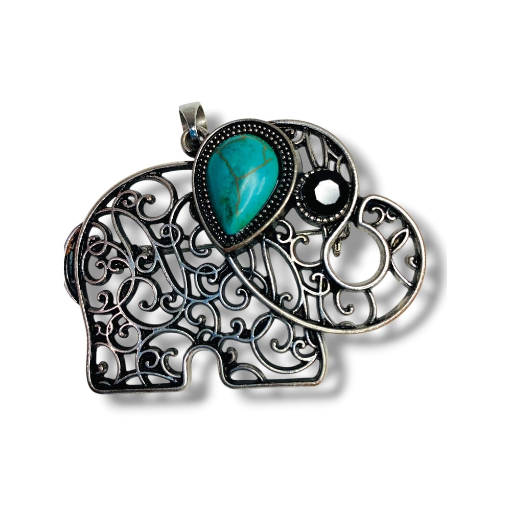 Vintage Scroll Turquoise Silvertone Pendant Brooch Scroll 2" Lucky